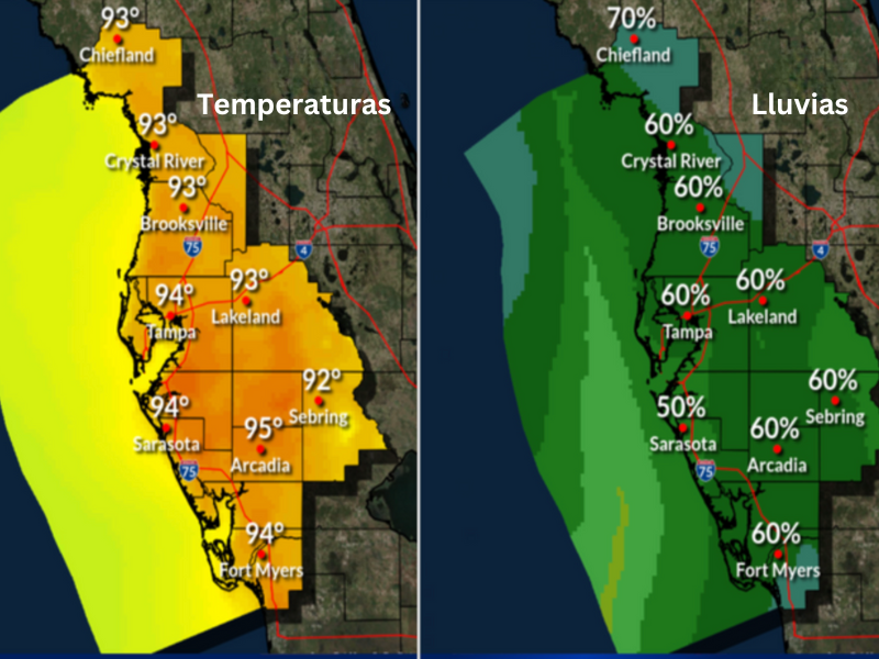 Mapa con pronóstico de temperaturas y lluvias para el área de Tampa