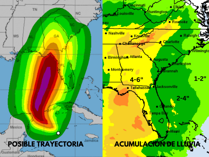 Mapa posible trayectoria y acumulación de lluvias